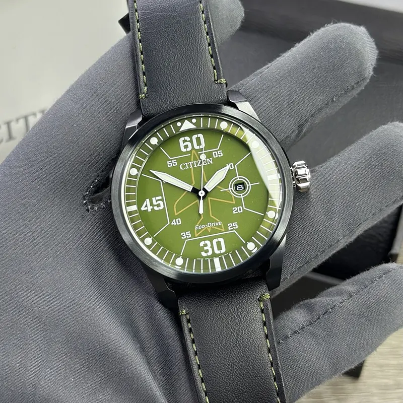 Citizen Avion Eco-Drive Green Dial Leather Men's Watch- AW1735-03X